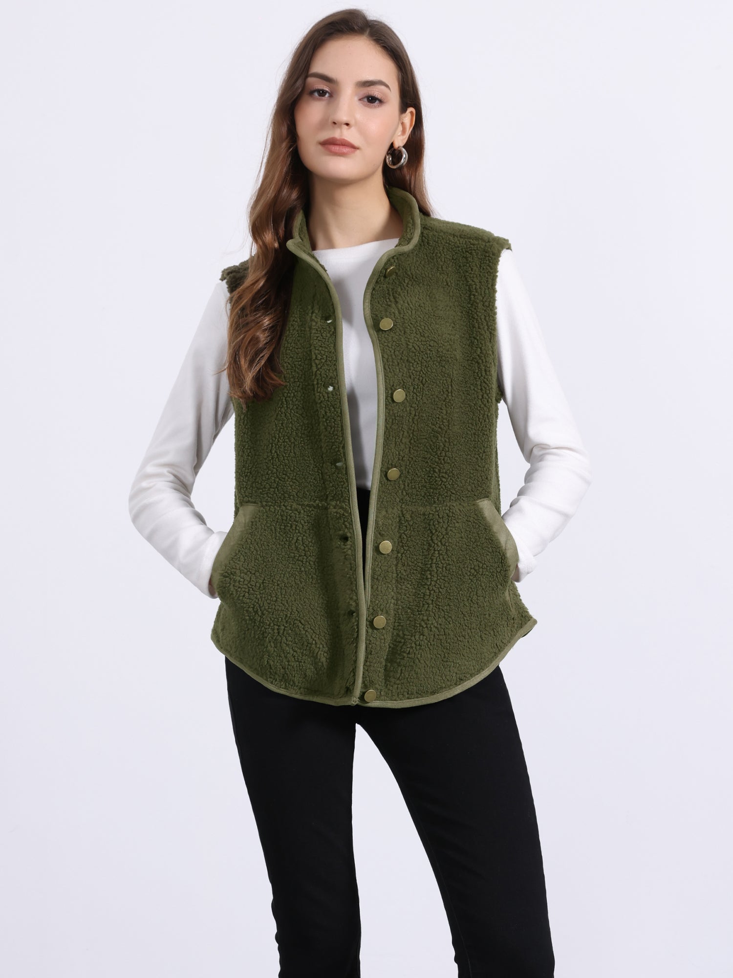 Fleece Plush Pockets Buttons Sleeveless Fuzzy Jacket Vest