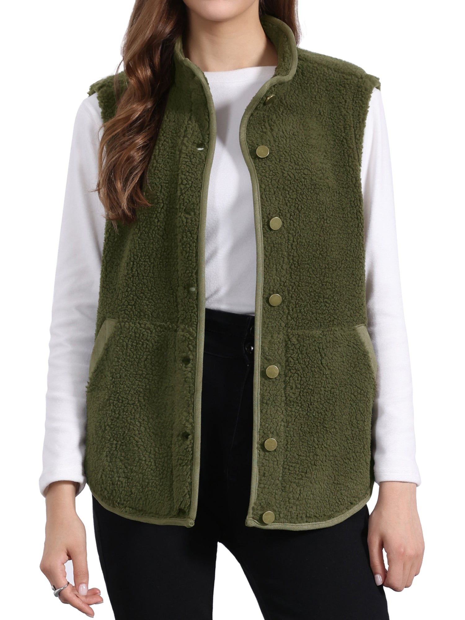Fleece Plush Pockets Buttons Sleeveless Fuzzy Jacket Vest