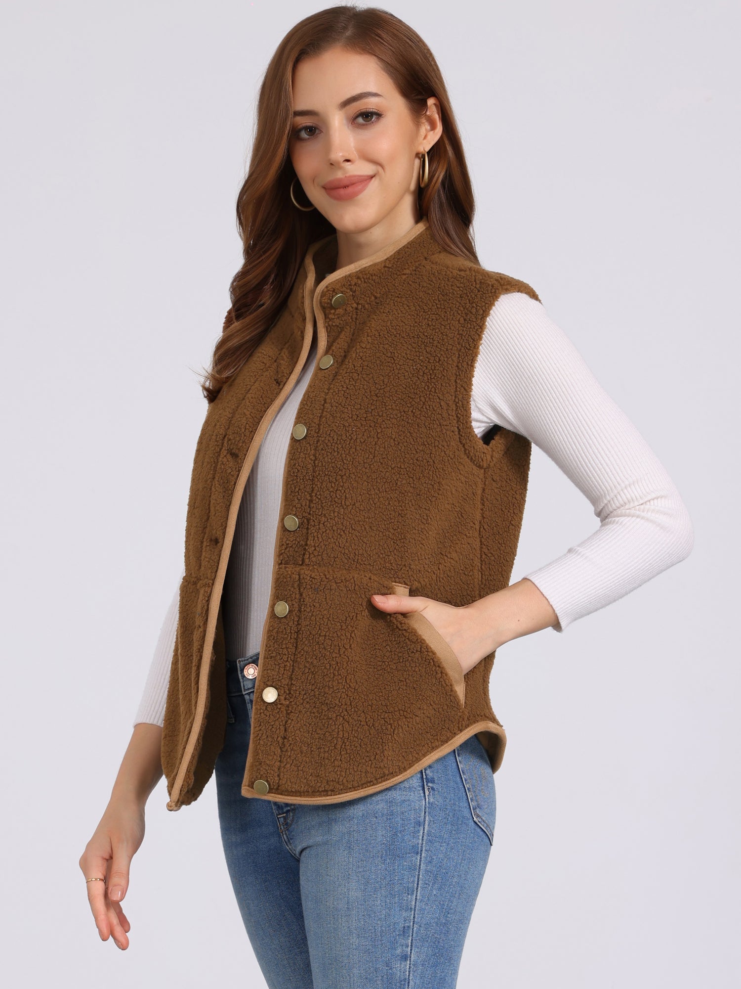 Fleece Plush Pockets Buttons Sleeveless Fuzzy Jacket Vest
