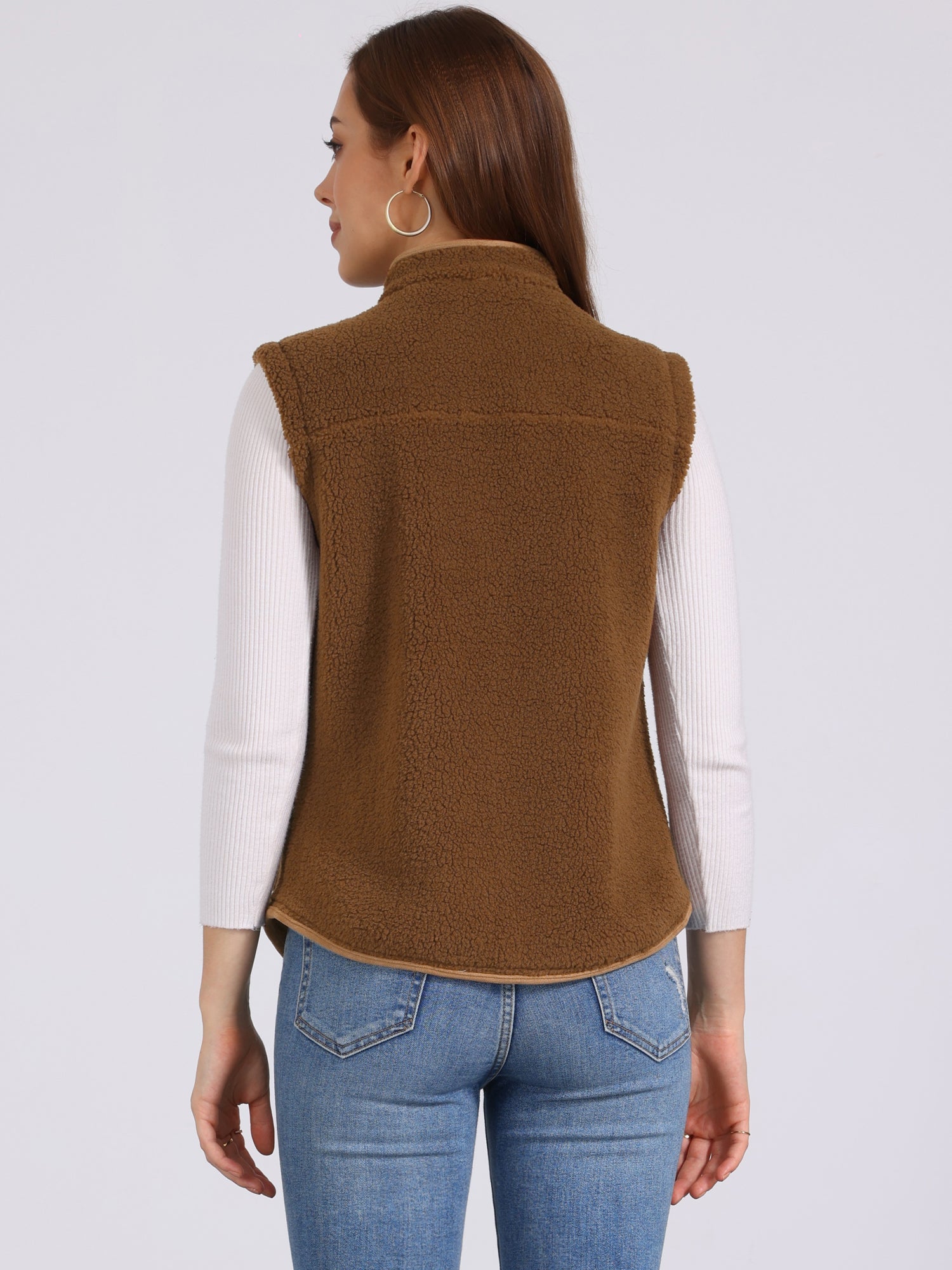 Fleece Plush Pockets Buttons Sleeveless Fuzzy Jacket Vest