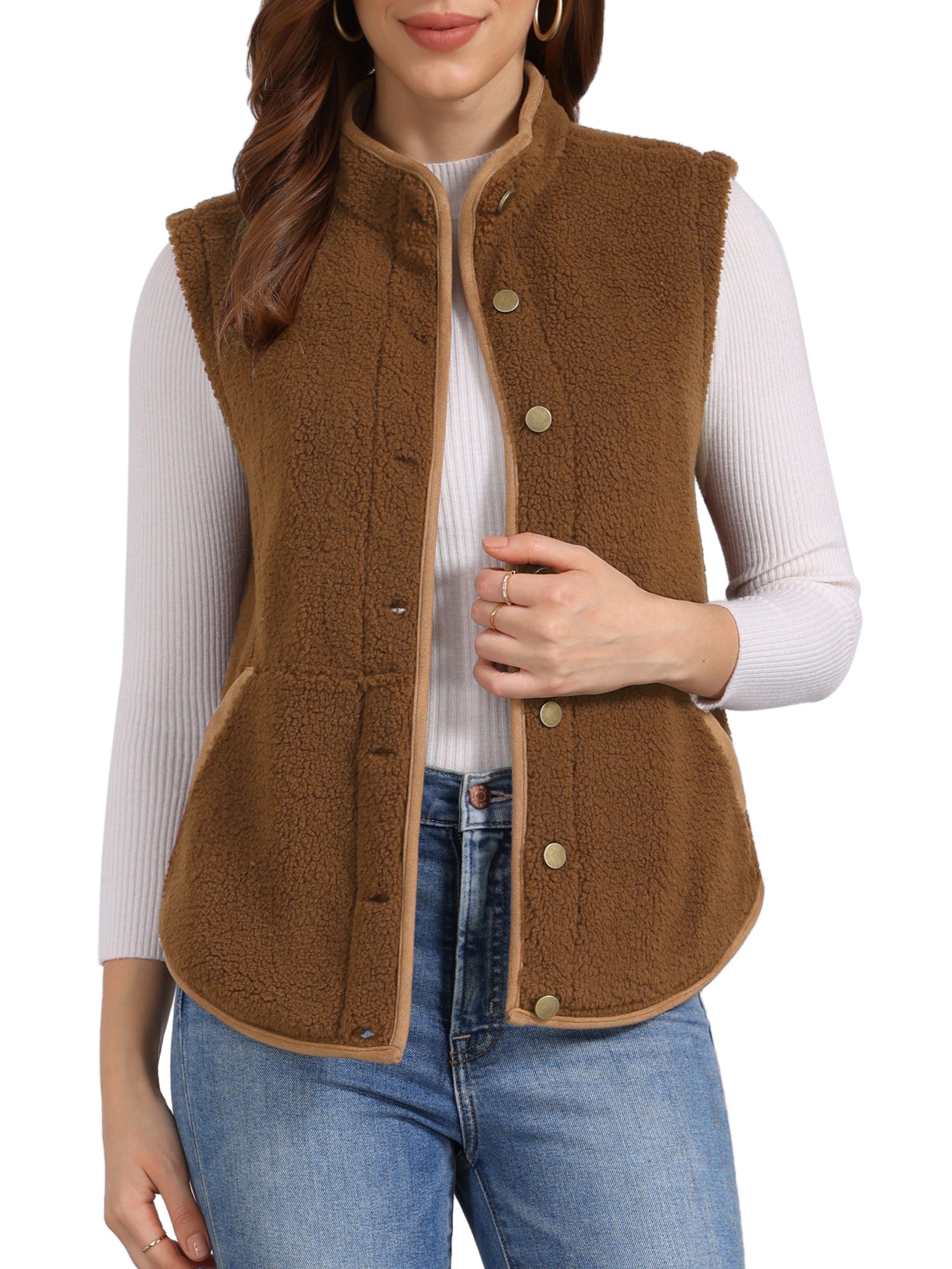 Fleece Plush Pockets Buttons Sleeveless Fuzzy Jacket Vest