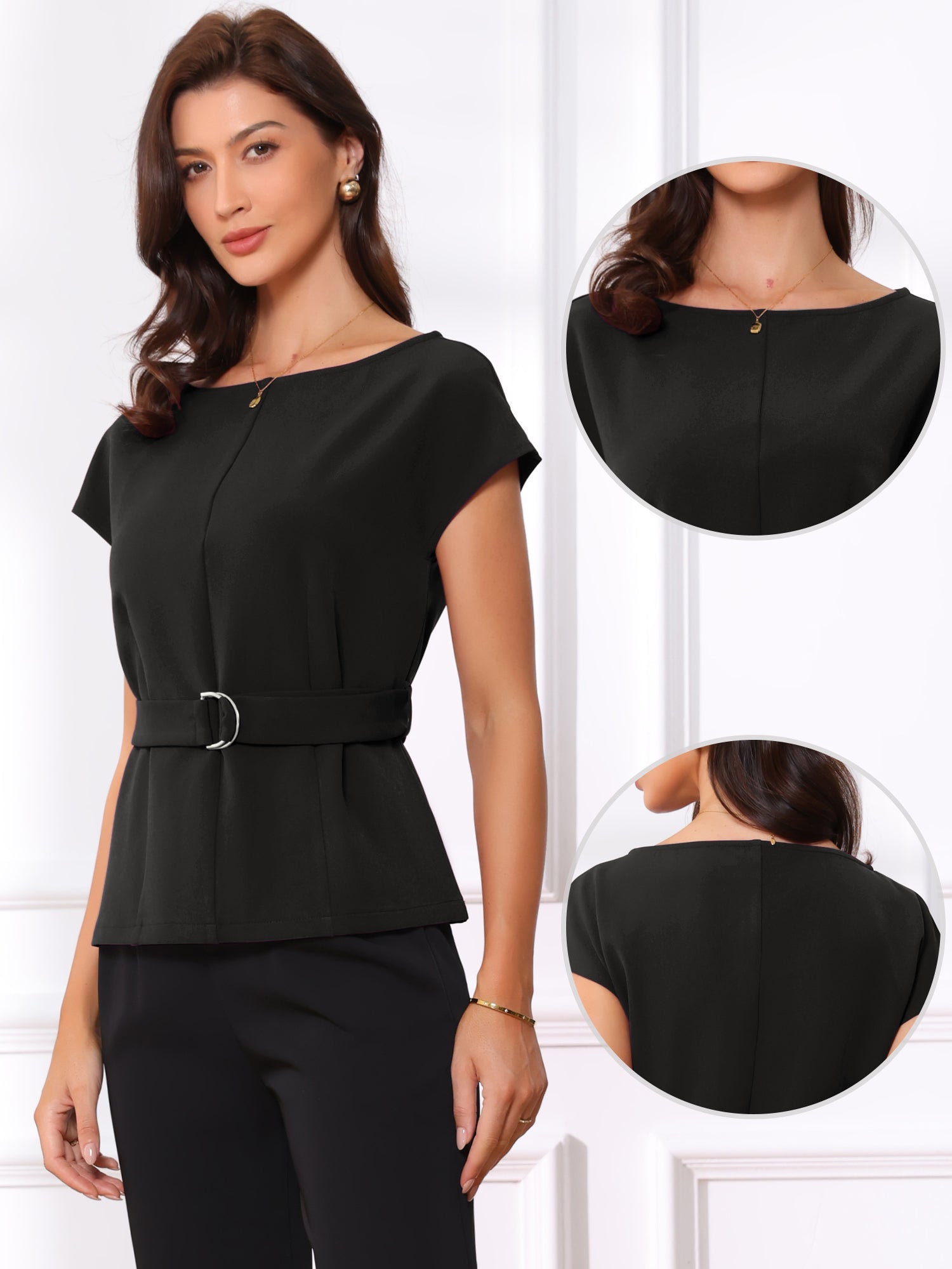 Cap Sleeve Boat Neck Office Work Belted Tops