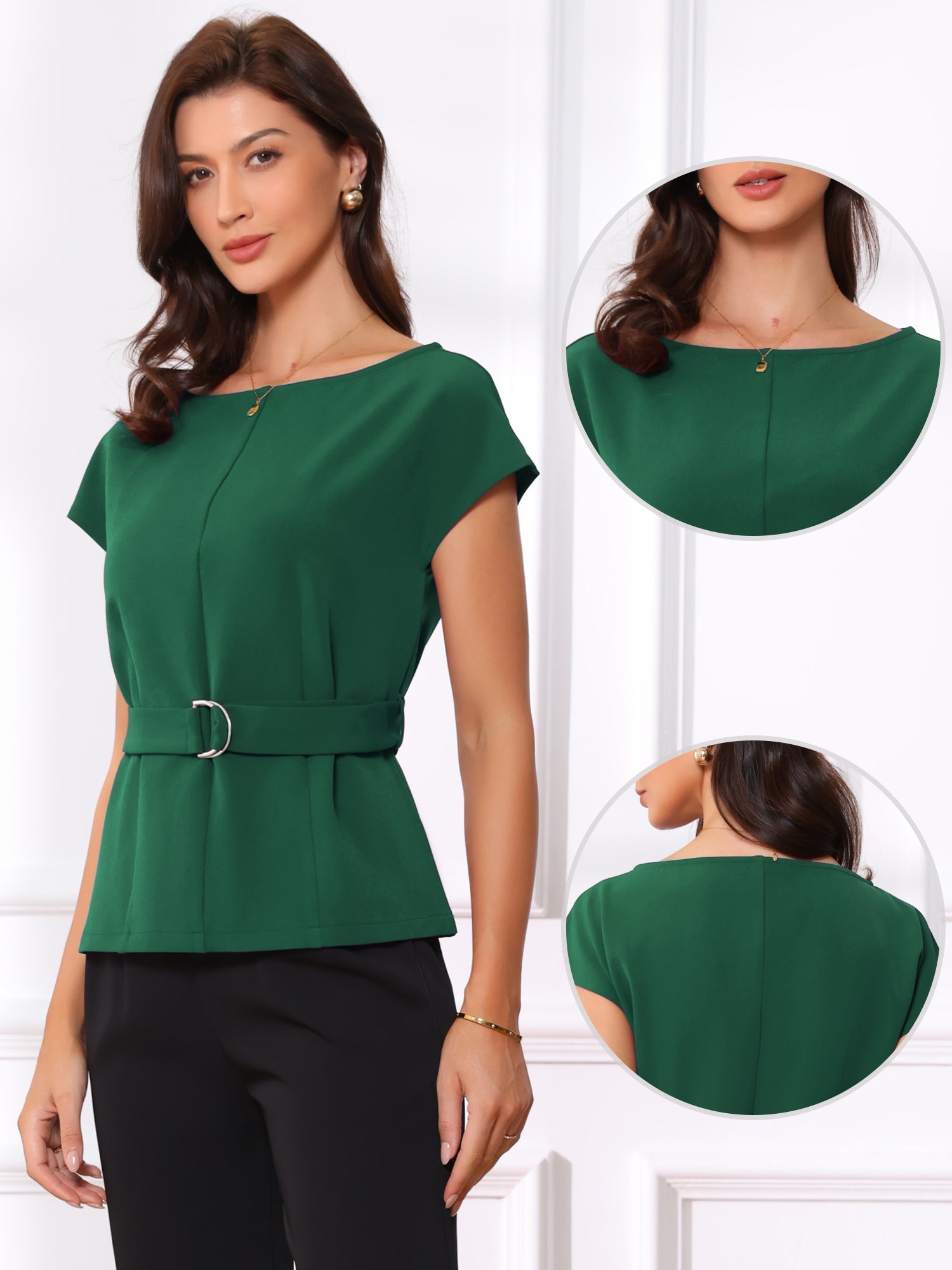 Cap Sleeve Boat Neck Office Work Belted Tops