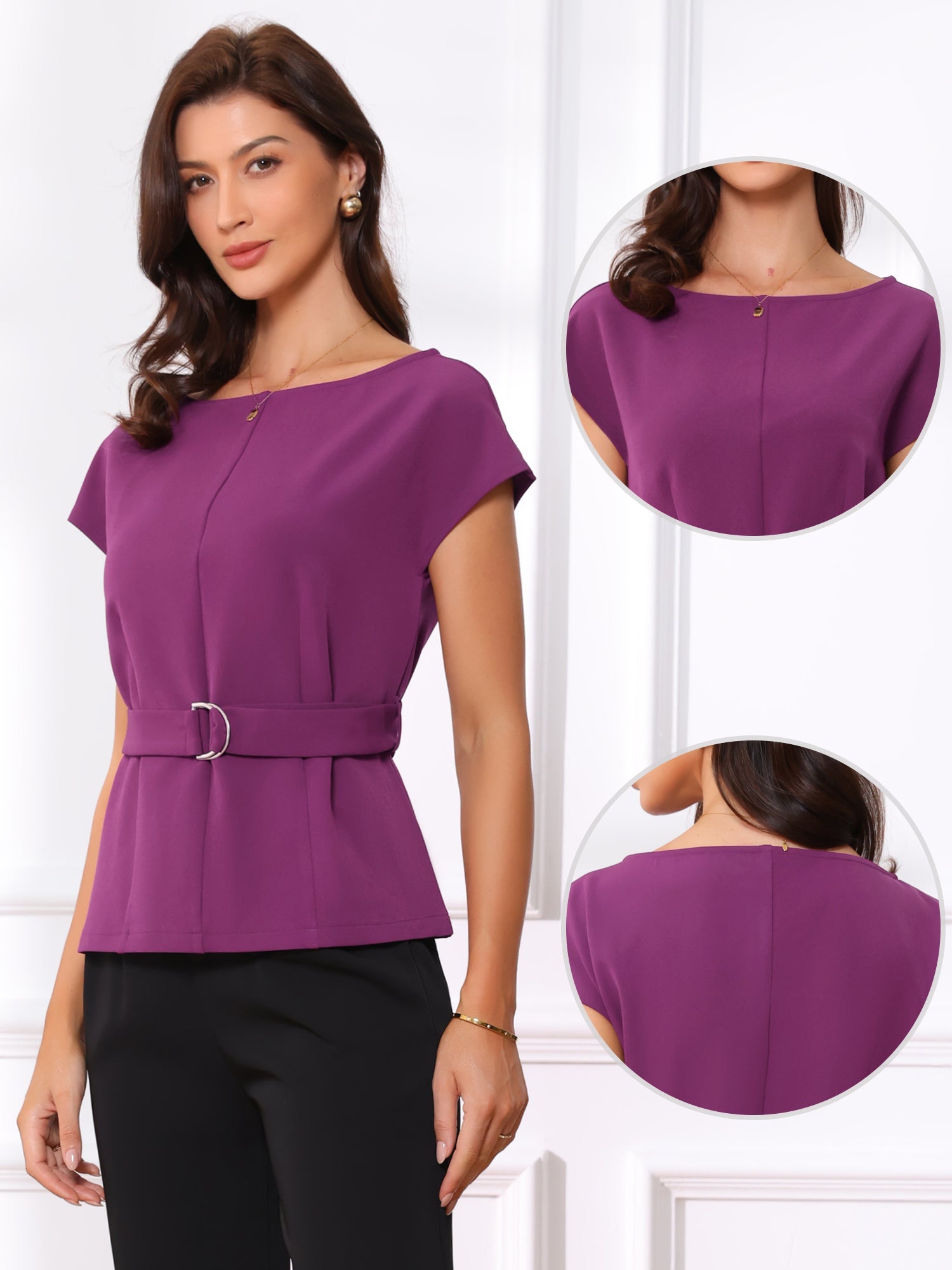 Cap Sleeve Boat Neck Office Work Belted Tops