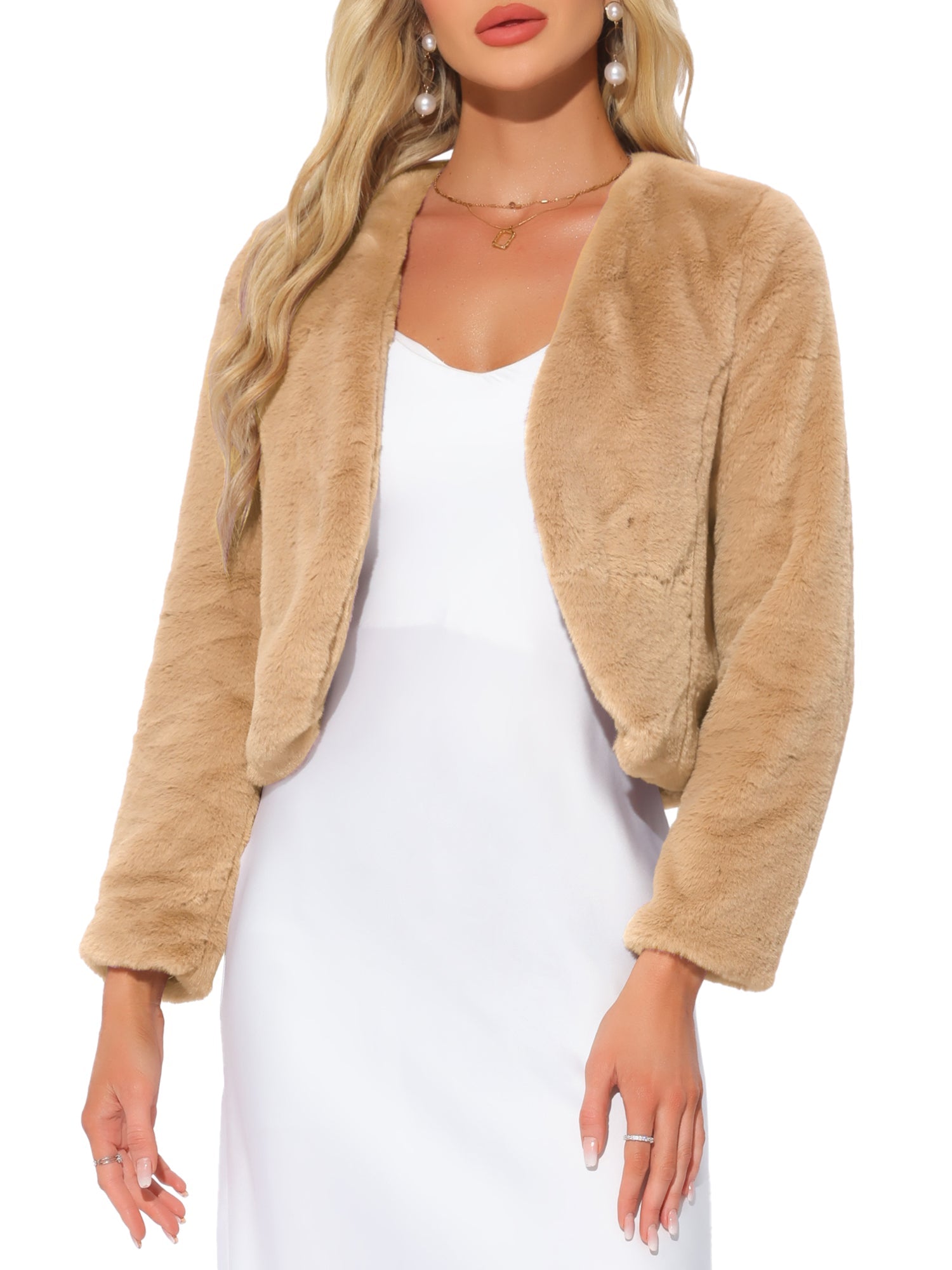 Faux Fur Long Sleeve Open Front Bolero Winter Coat Cropped Jacket