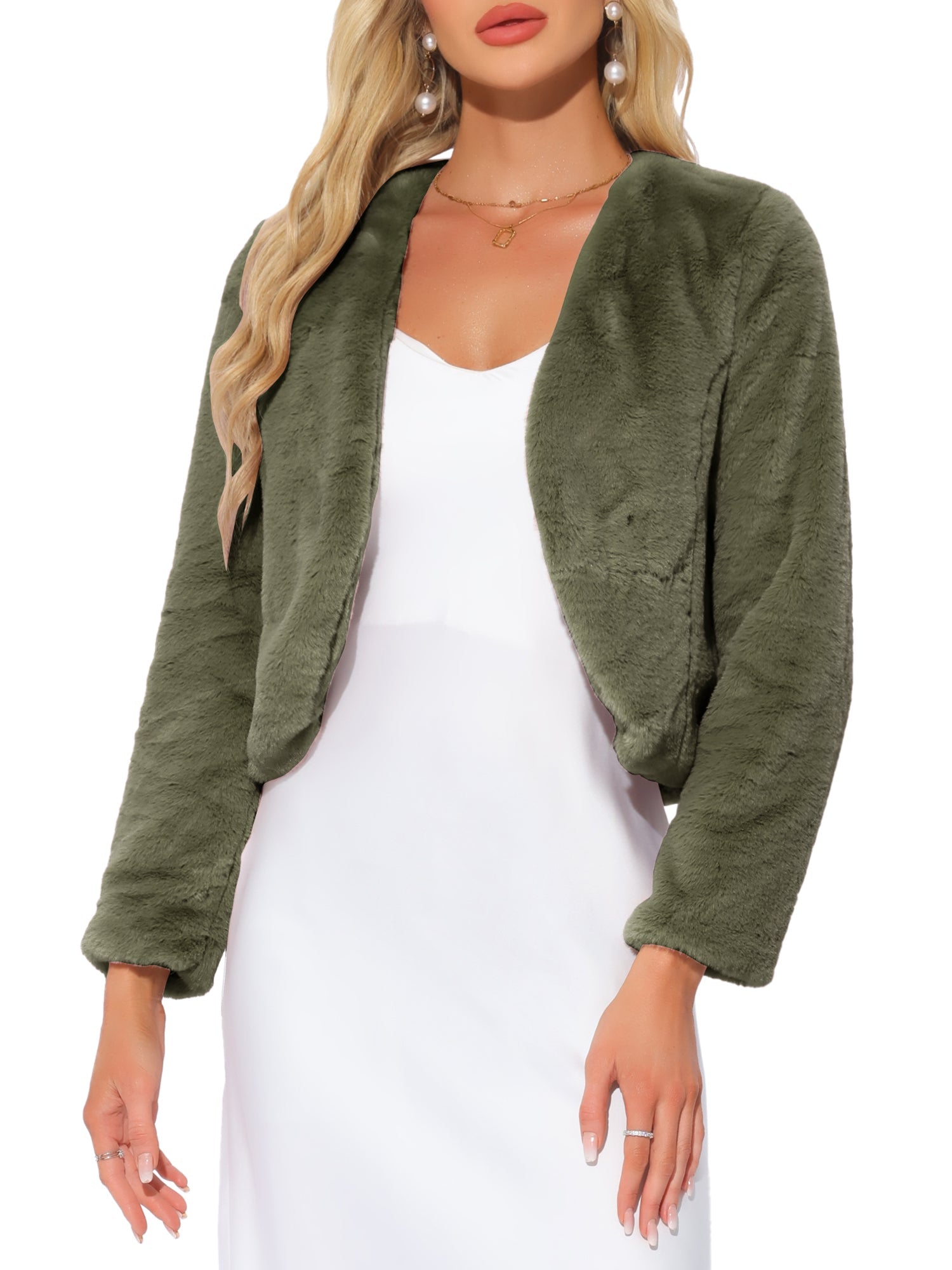 Long Sleeve Open Front Bolero Winter Cropped Faux Fur Jacket