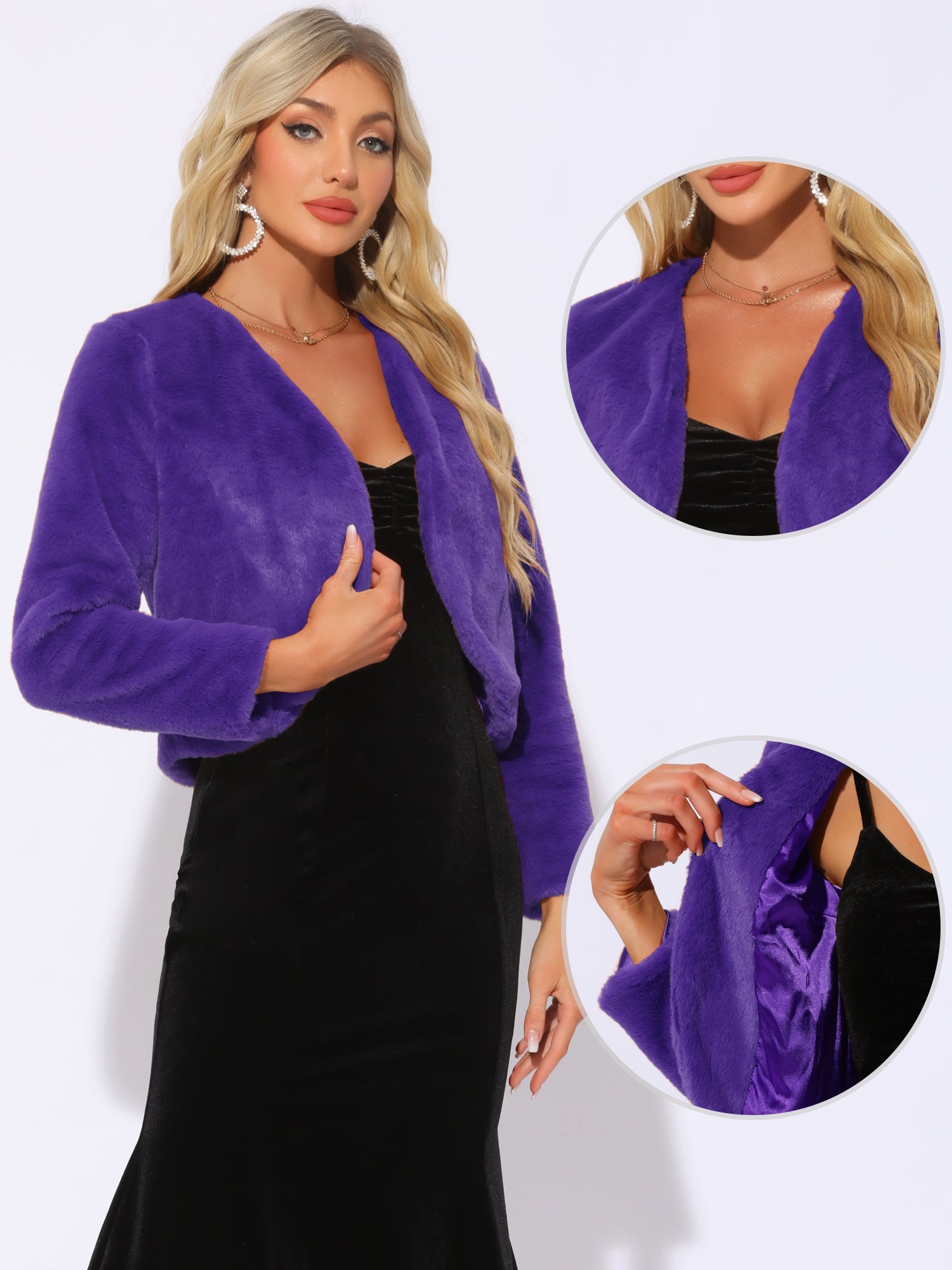 Long Sleeve Open Front Bolero Winter Cropped Faux Fur Jacket