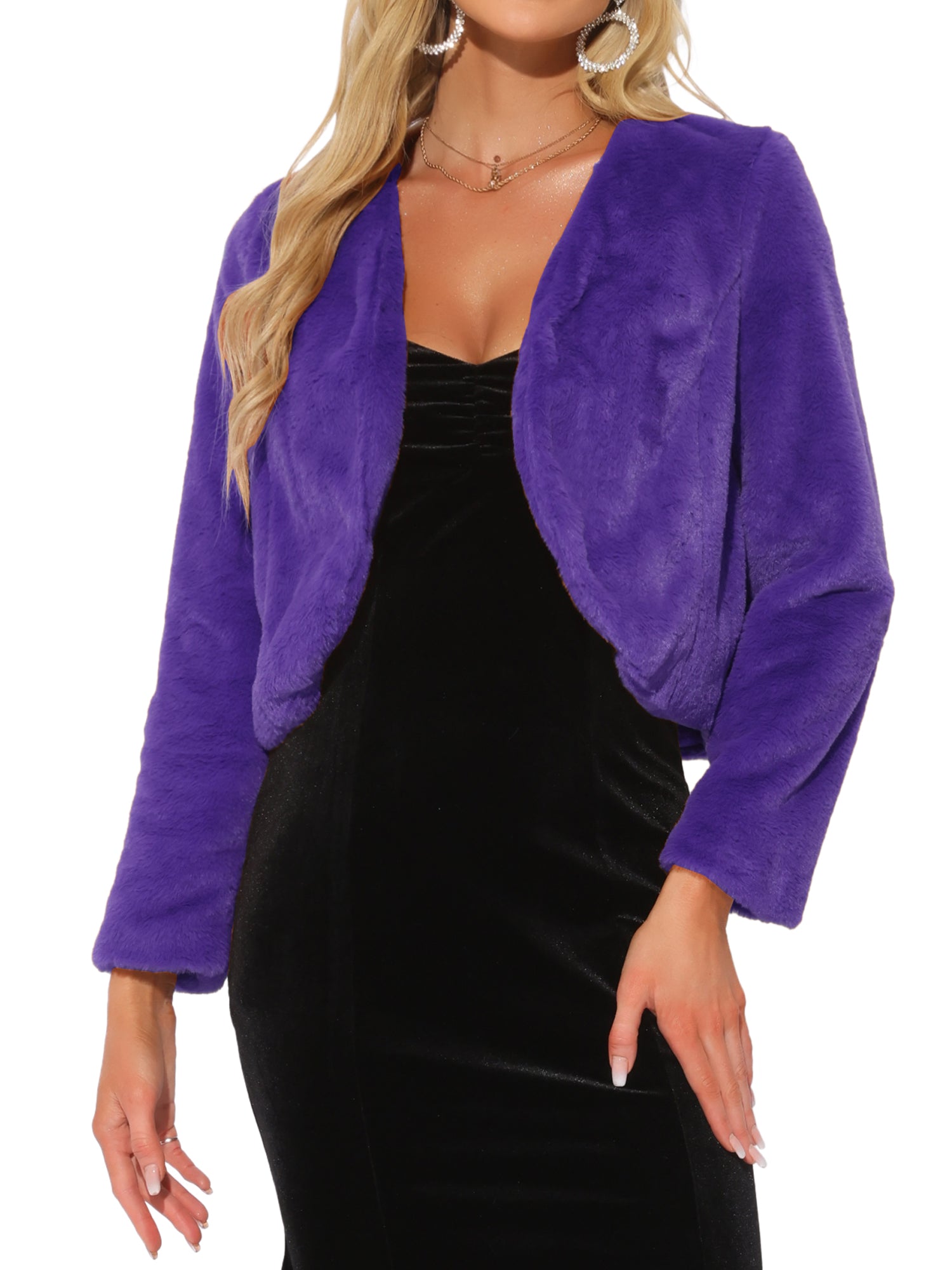 Long Sleeve Open Front Bolero Winter Cropped Faux Fur Jacket