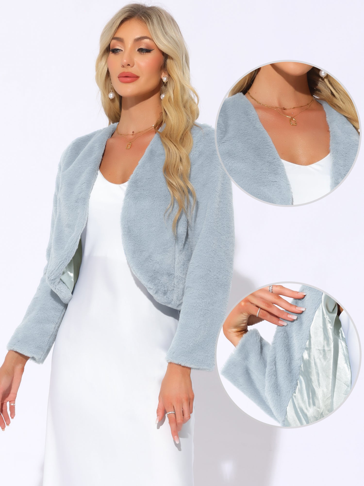 Faux Fur Long Sleeve Open Front Bolero Winter Coat Cropped Jacket