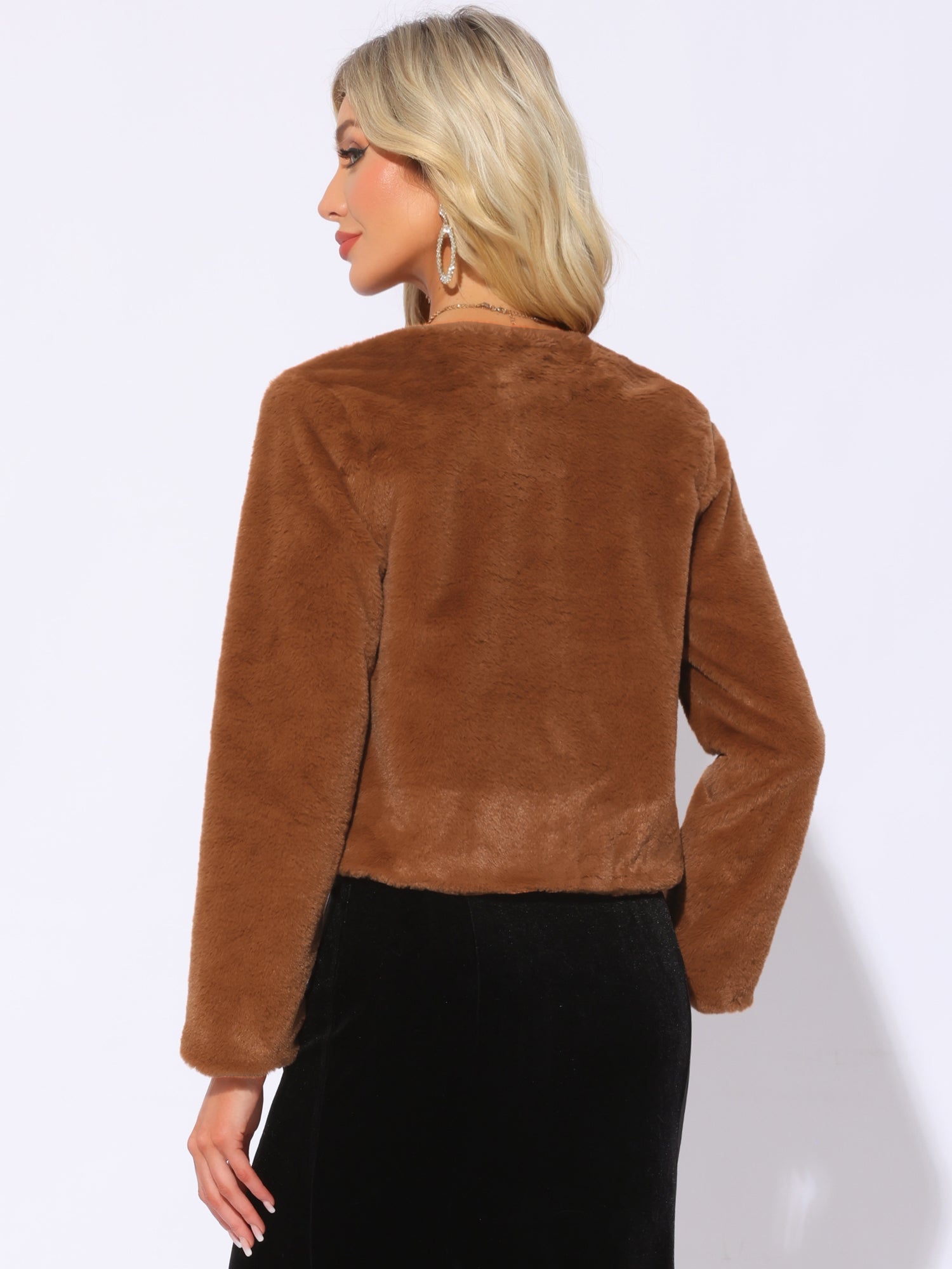 Faux Fur Long Sleeve Open Front Bolero Winter Coat Cropped Jacket