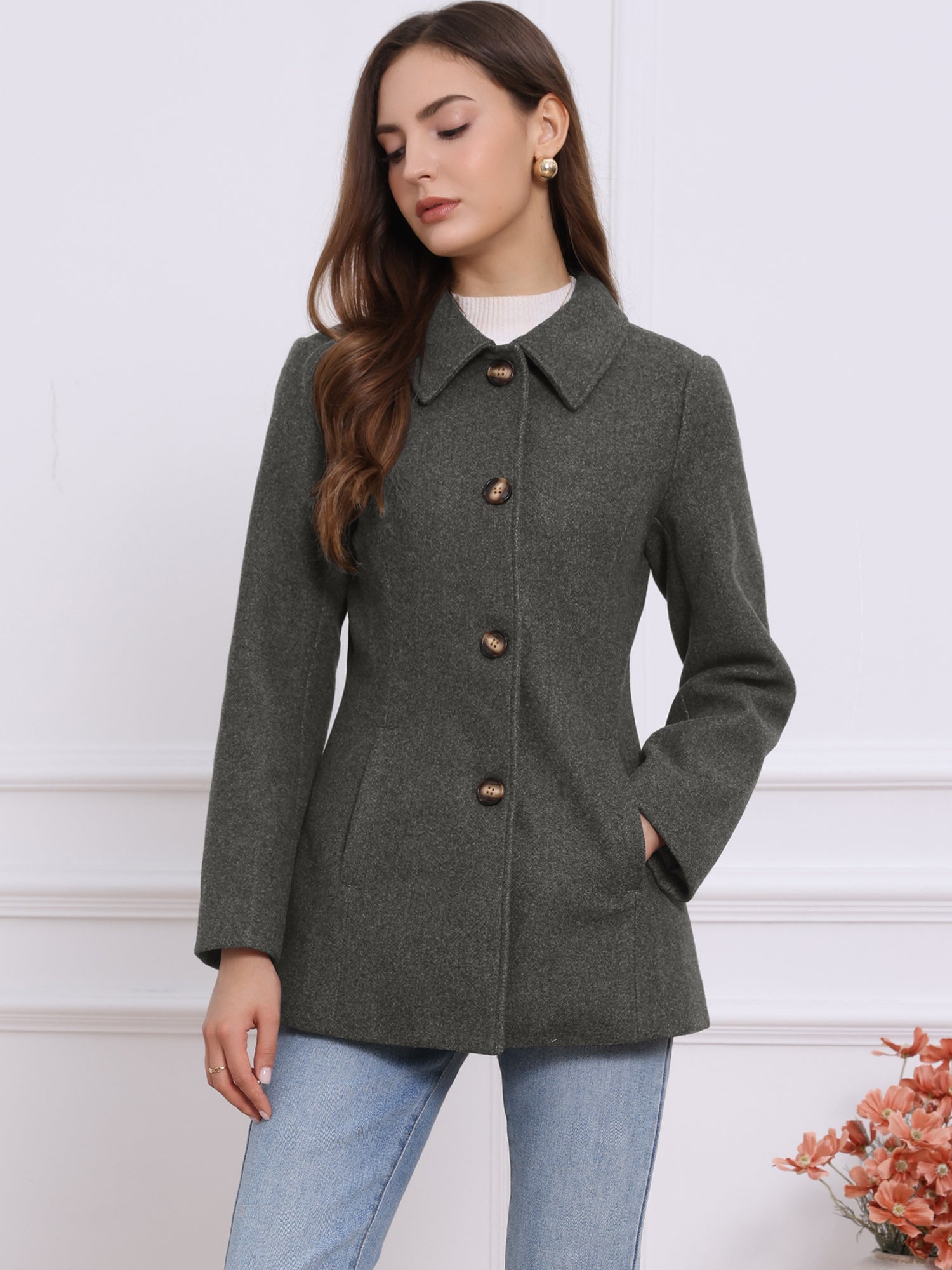 Work Office Winter Overcoat Single Breasted Point Collar Pea Coat