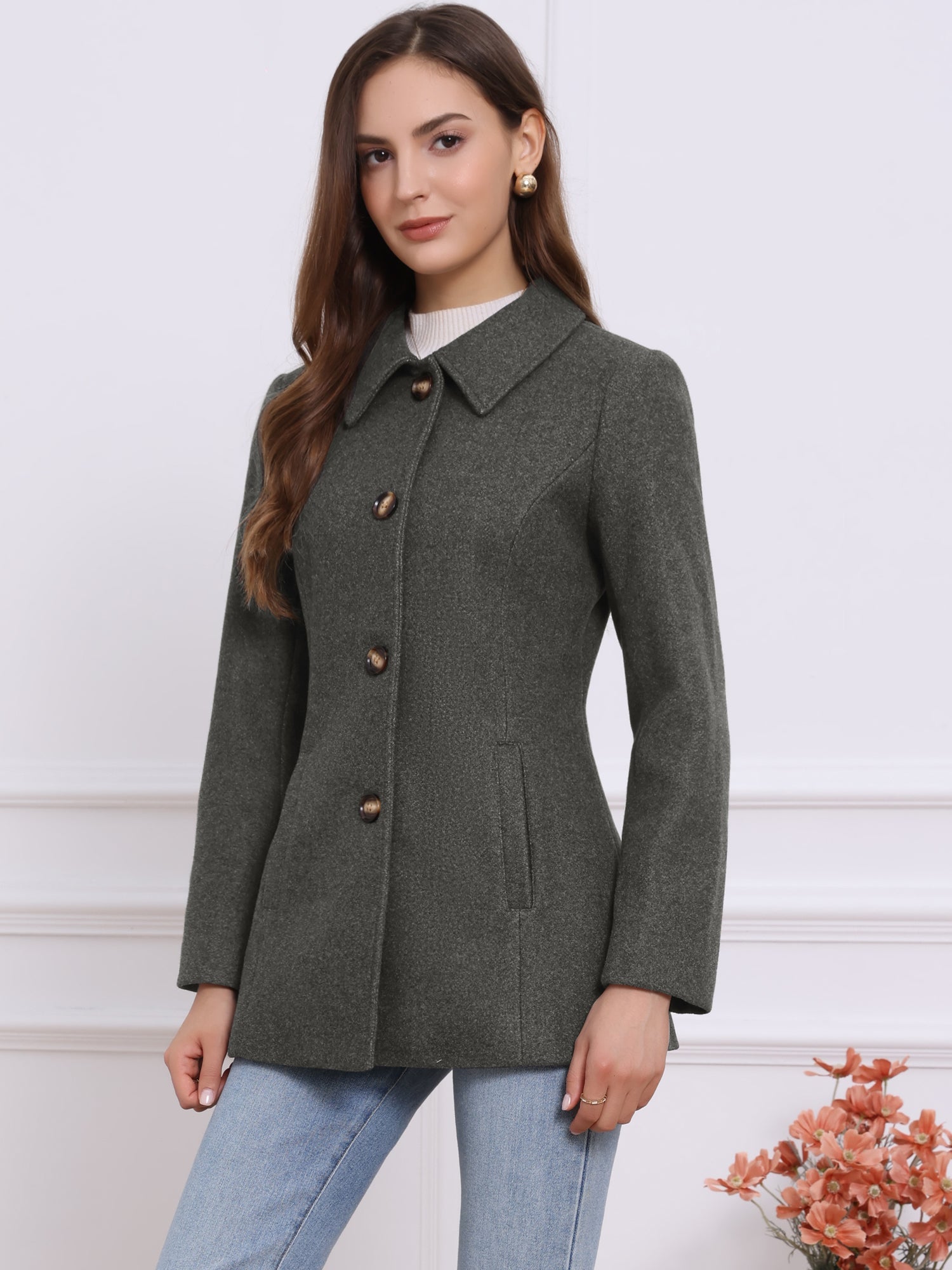 Work Office Winter Overcoat Single Breasted Point Collar Pea Coat