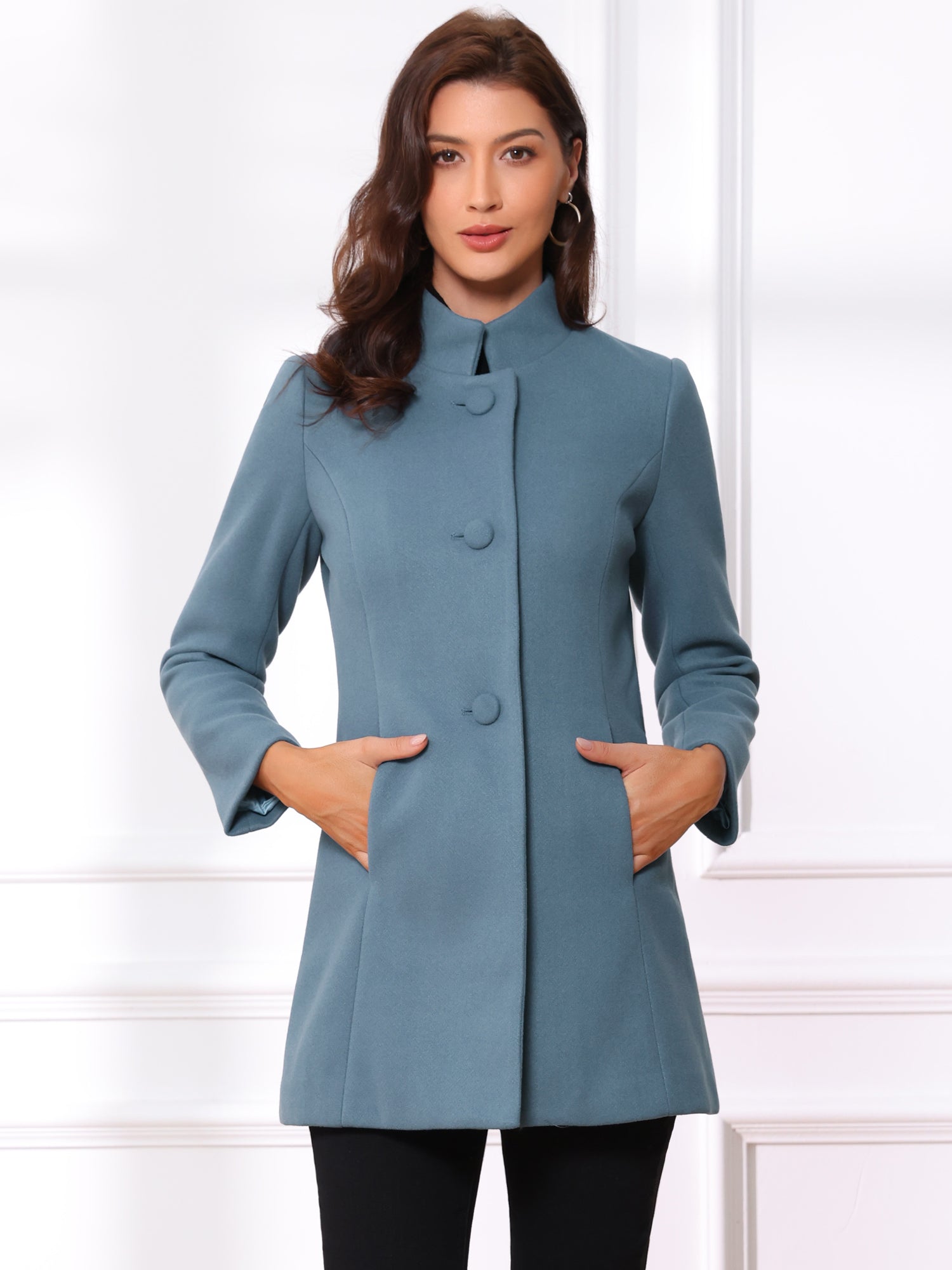 Stand Collar Single Breasted Solid Color Pea Coat