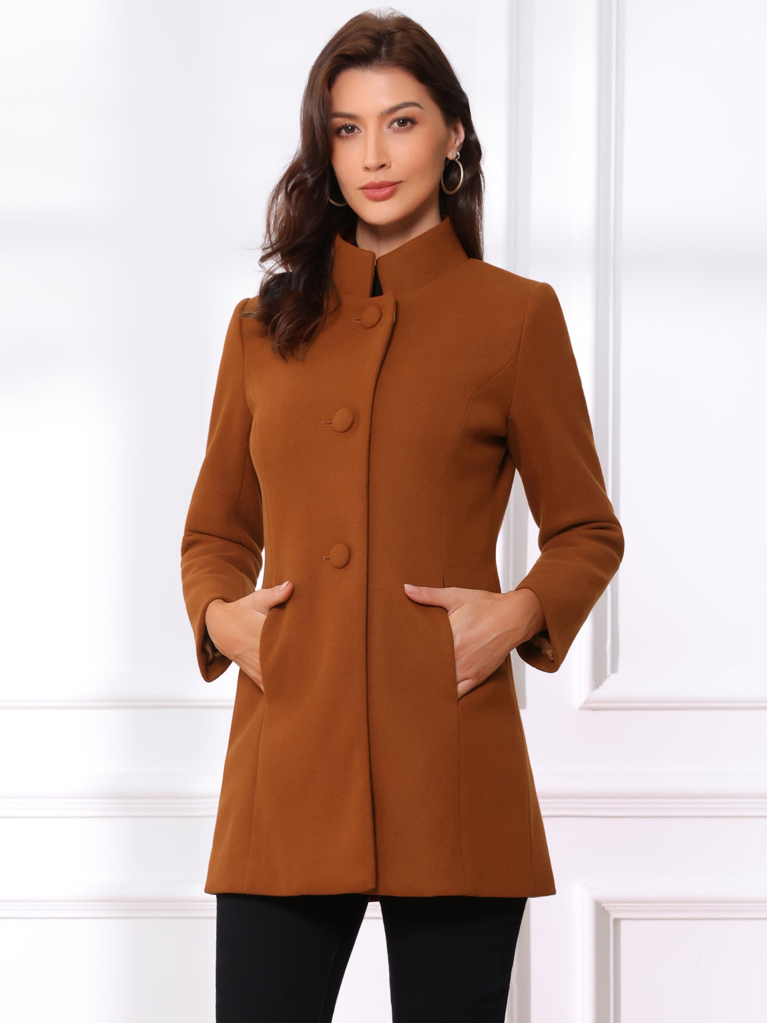 Mid-thigh Stand Collar Single Breasted Long Coat