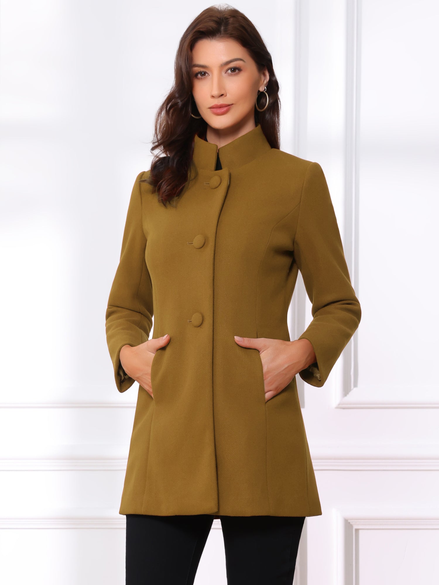 Mid-thigh Stand Collar Single Breasted Long Coat