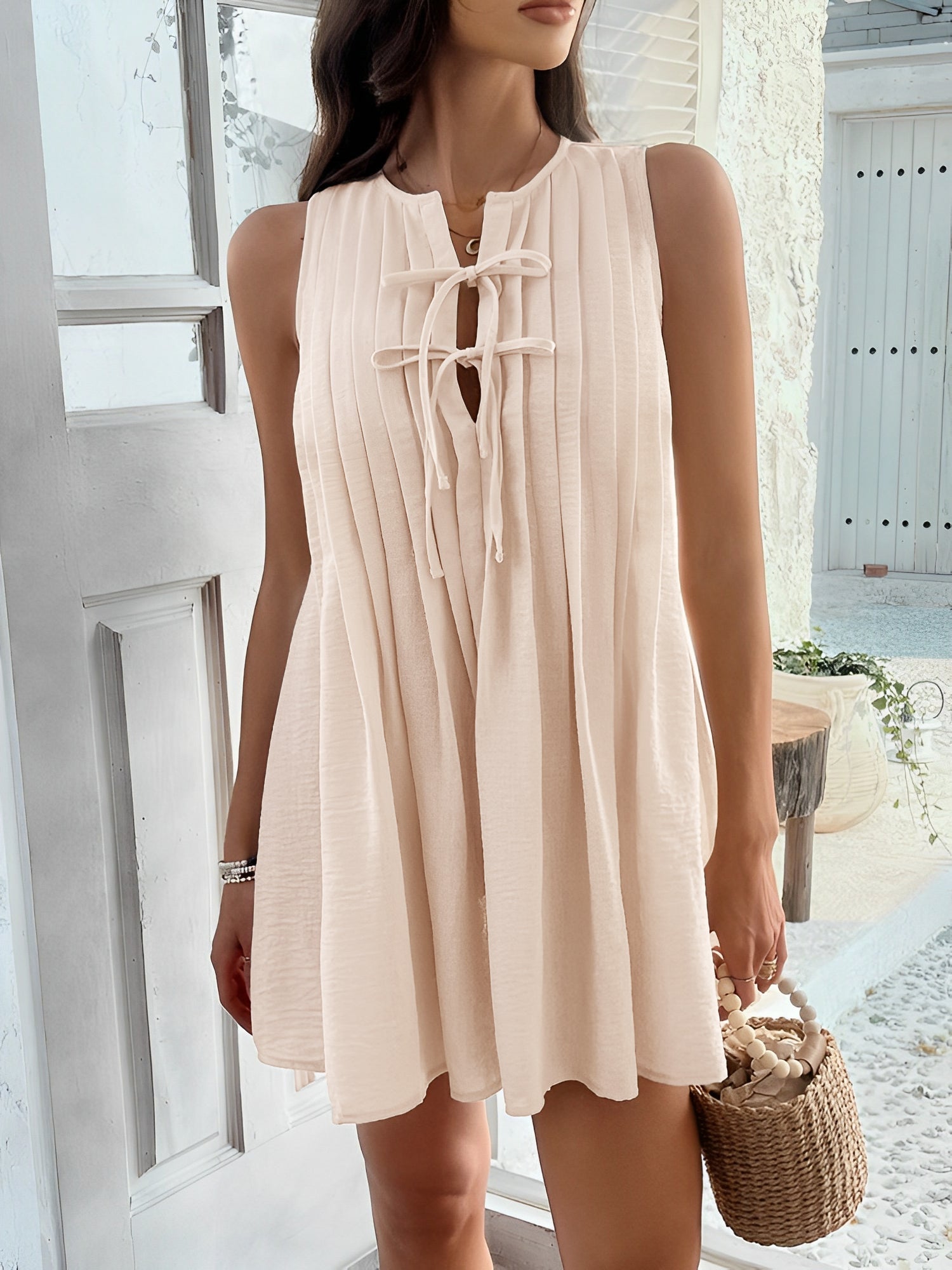 Solid Color Lace-Up Pleated Sleeveless Mini Dress