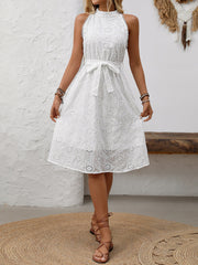 Halter Neck Sleeveless Eyelet Lace-Up Midi Dress