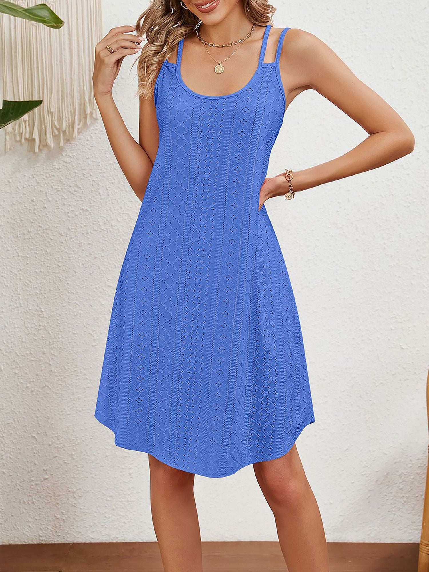 Solid Color Round Neck Sleeveless Eyelet Dress