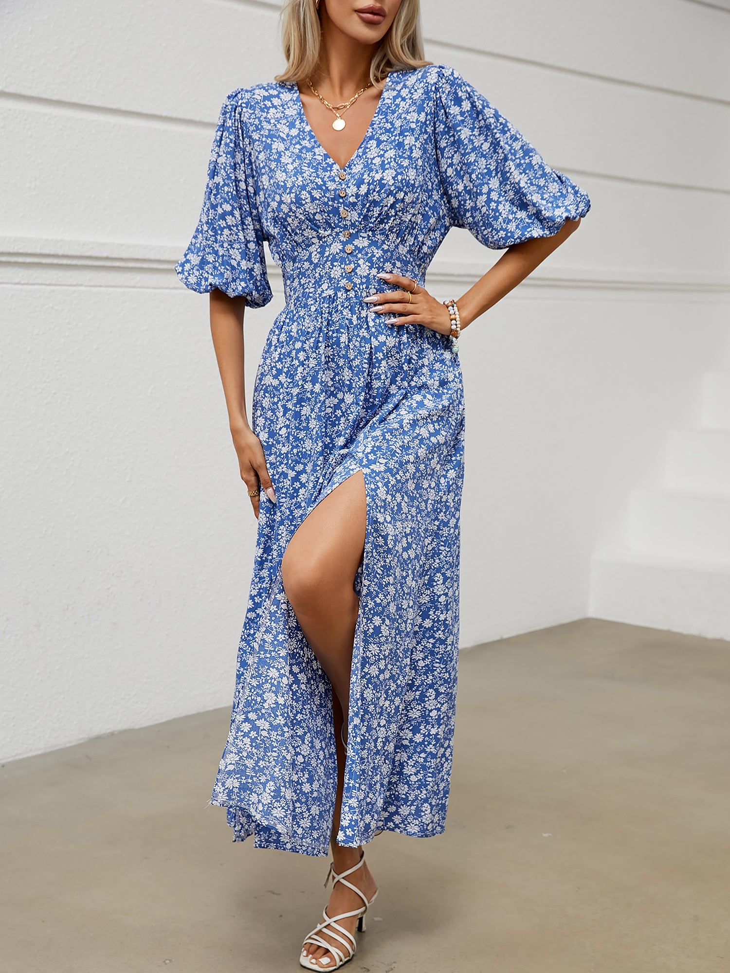 V Neck Lantern Sleeve Floral Slit Midi Dress