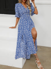 V Neck Lantern Sleeve Floral Slit Midi Dress