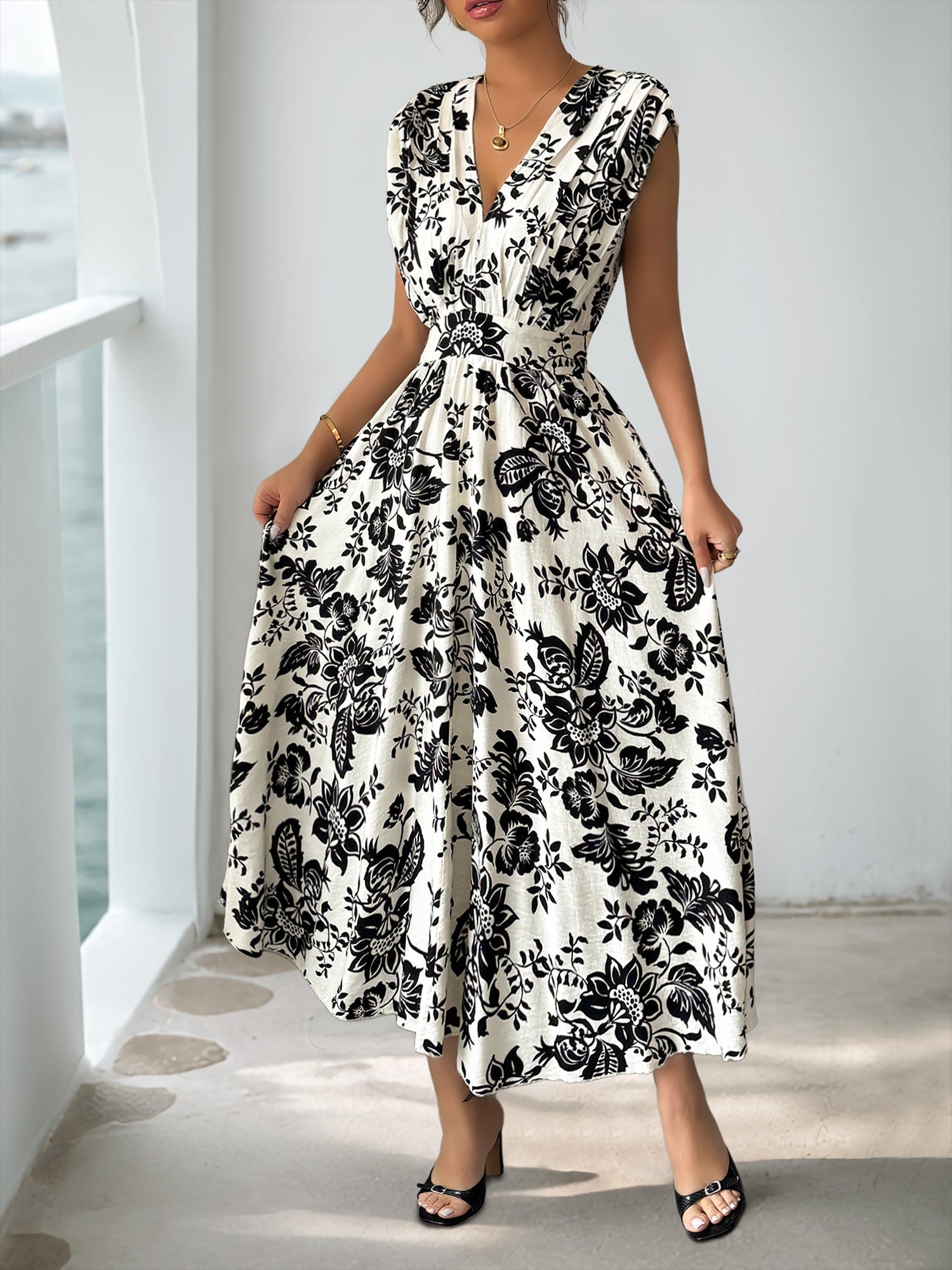 Floral Pleated V Neck Cap Sleeves Midi Dress