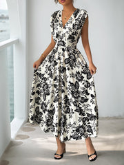 Floral Pleated V Neck Cap Sleeves Midi Dress