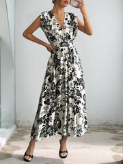 Floral Pleated V Neck Cap Sleeves Midi Dress