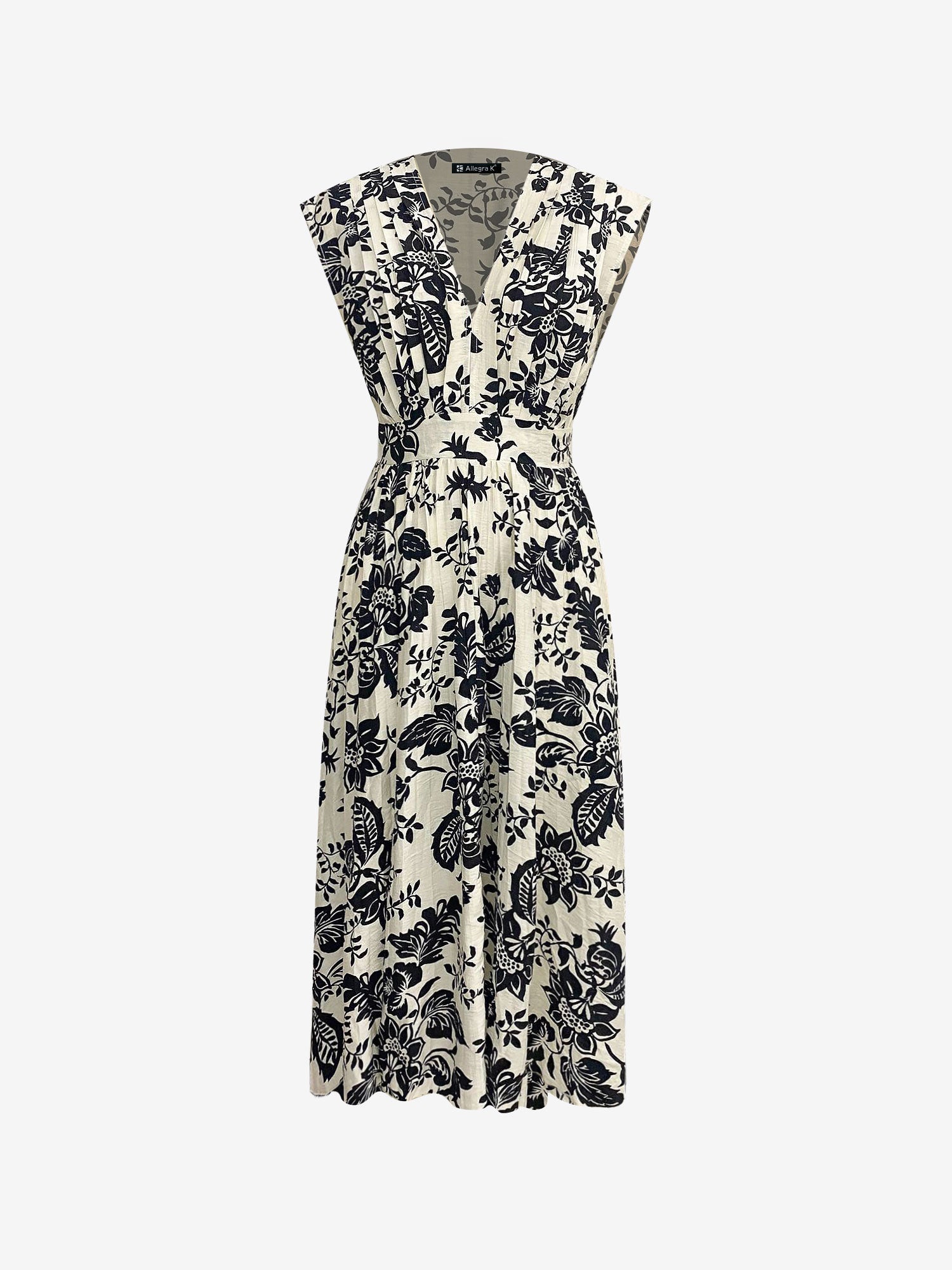 Floral Pleated V Neck Cap Sleeves Midi Dress