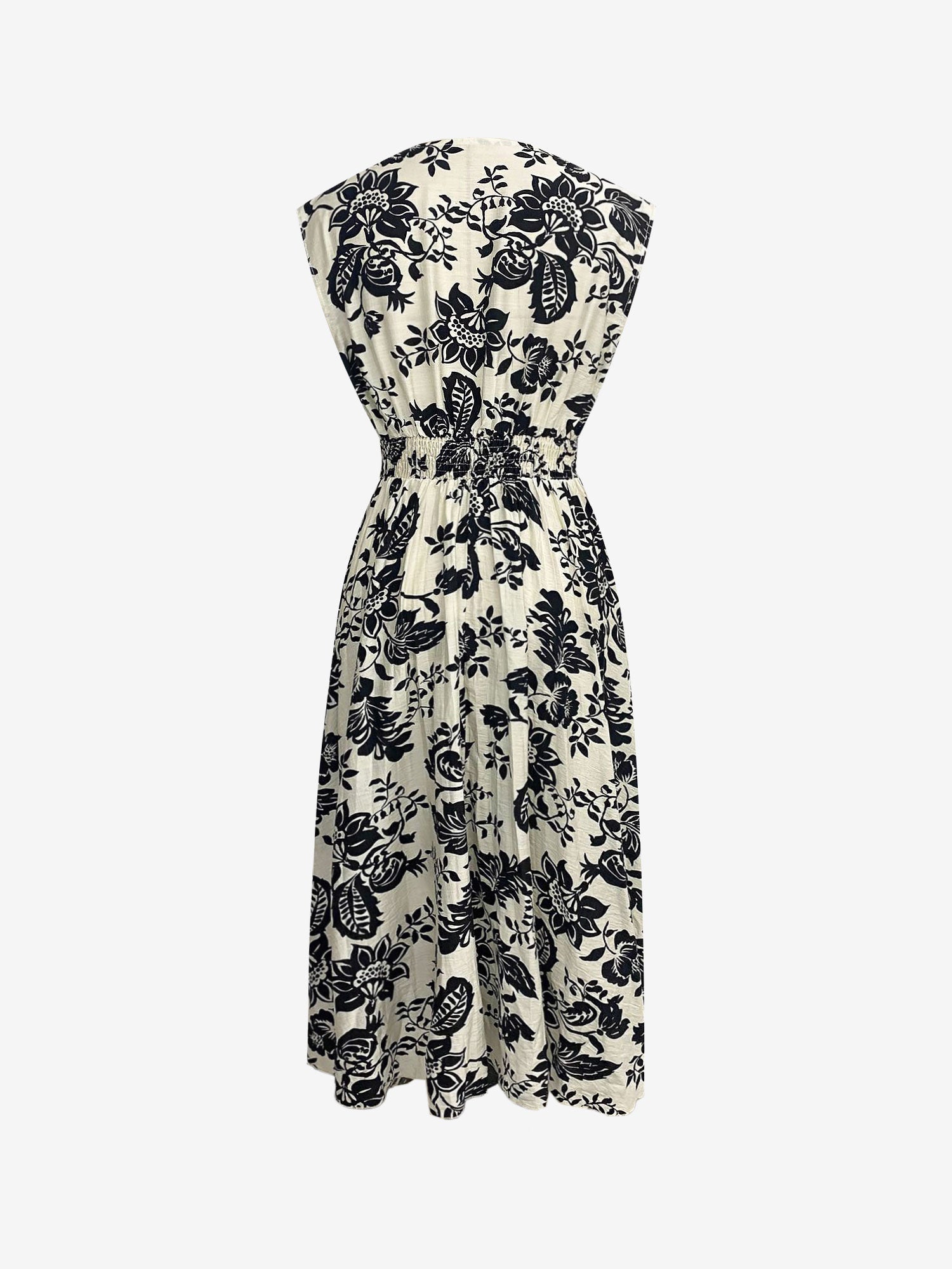 Floral Pleated V Neck Cap Sleeves Midi Dress