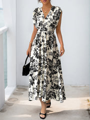 Floral Pleated V Neck Cap Sleeves Midi Dress