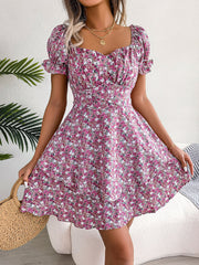 Romantic Garden Floral Puff Sleeves Lace-Up Ruffled Mini Party Dress