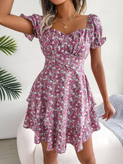 Romantic Garden Floral Puff Sleeves Lace-Up Ruffled Mini Party Dress
