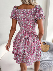 Romantic Garden Floral Puff Sleeves Lace-Up Ruffled Mini Party Dress