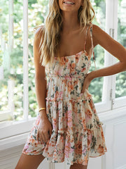 Lace-Up Spaghetti Straps Smocked Tiered Mini Dress