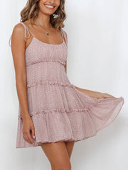Floral Lace-Up Spaghetti Strap Tiered Ruffled Dress