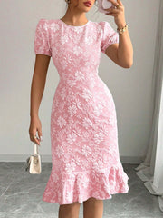 Flattering Slim Fit Flower Textured Puff Sleeves Bodycon Midi Dress