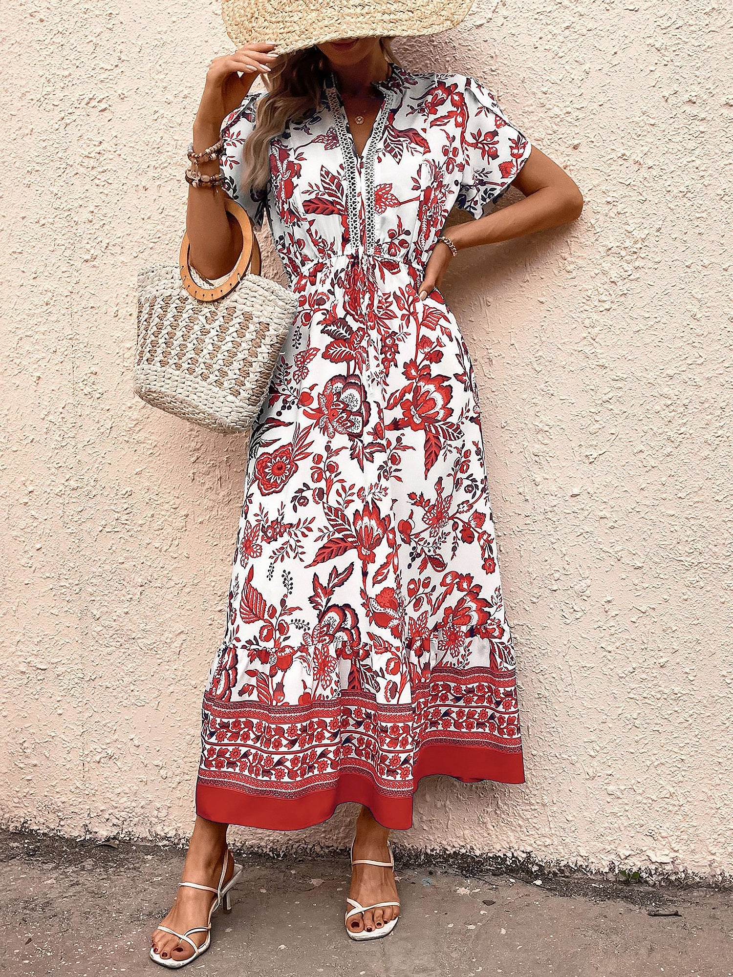 Floral Boho Short Sleeves A-Line Maxi Dress