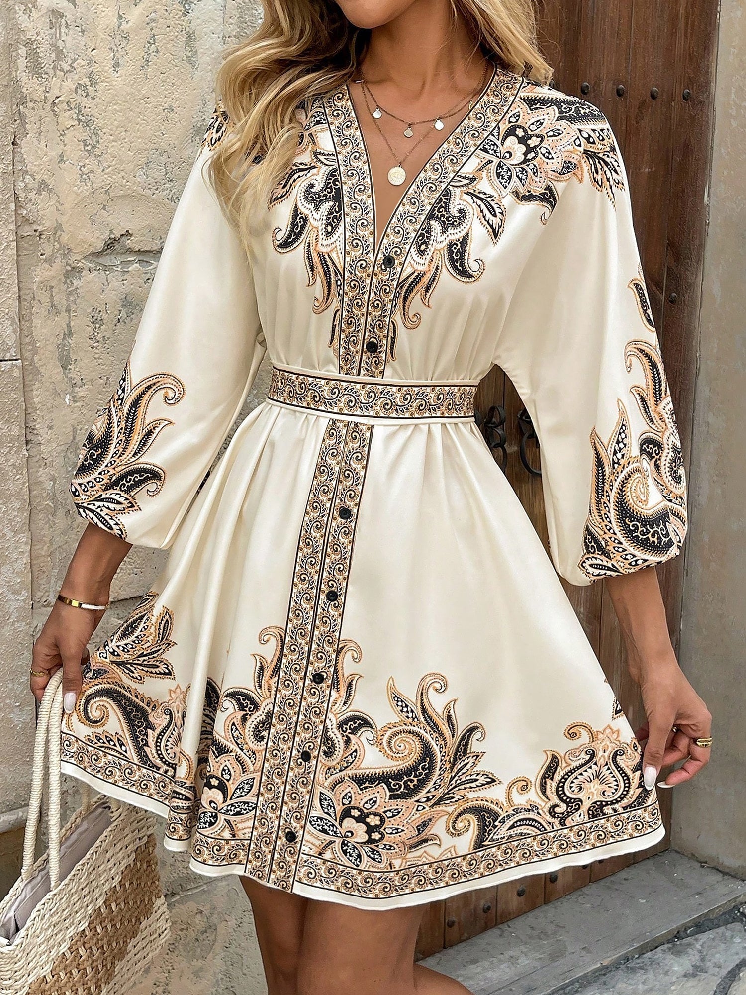 Vintage-Inspired Boho All-Over Floral Print 3/4 Lantern Sleeves Mini Dress