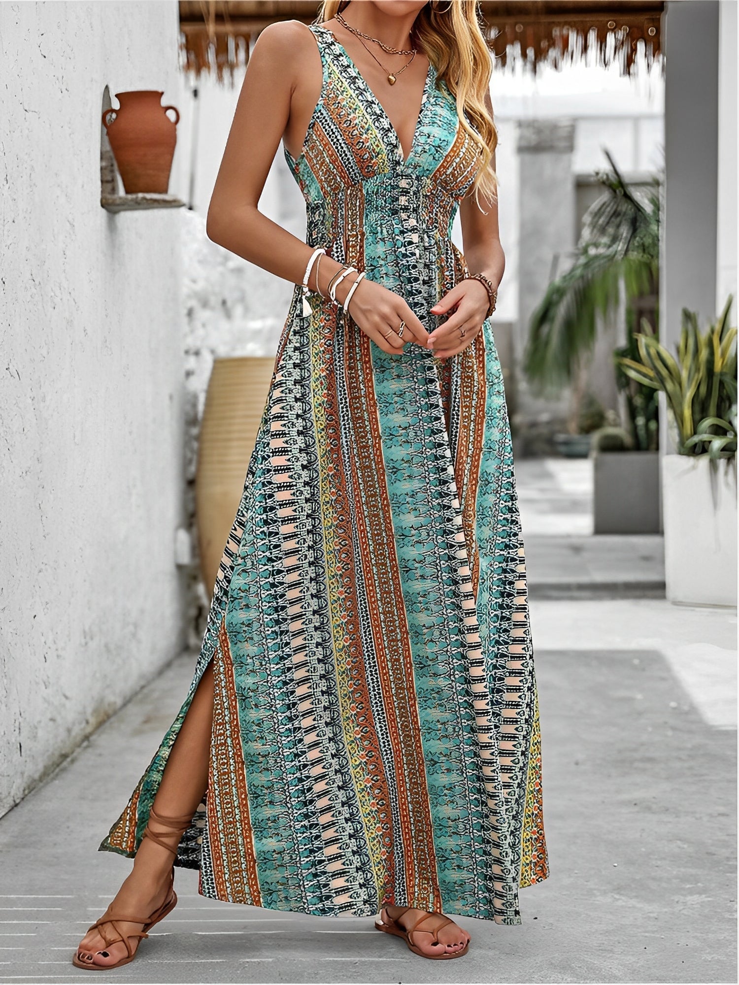 Boho Deep V Neck Sleeveless Slit Maxi Resort Dress