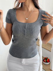 Solid Color U Neck Short Sleeve Knit Top