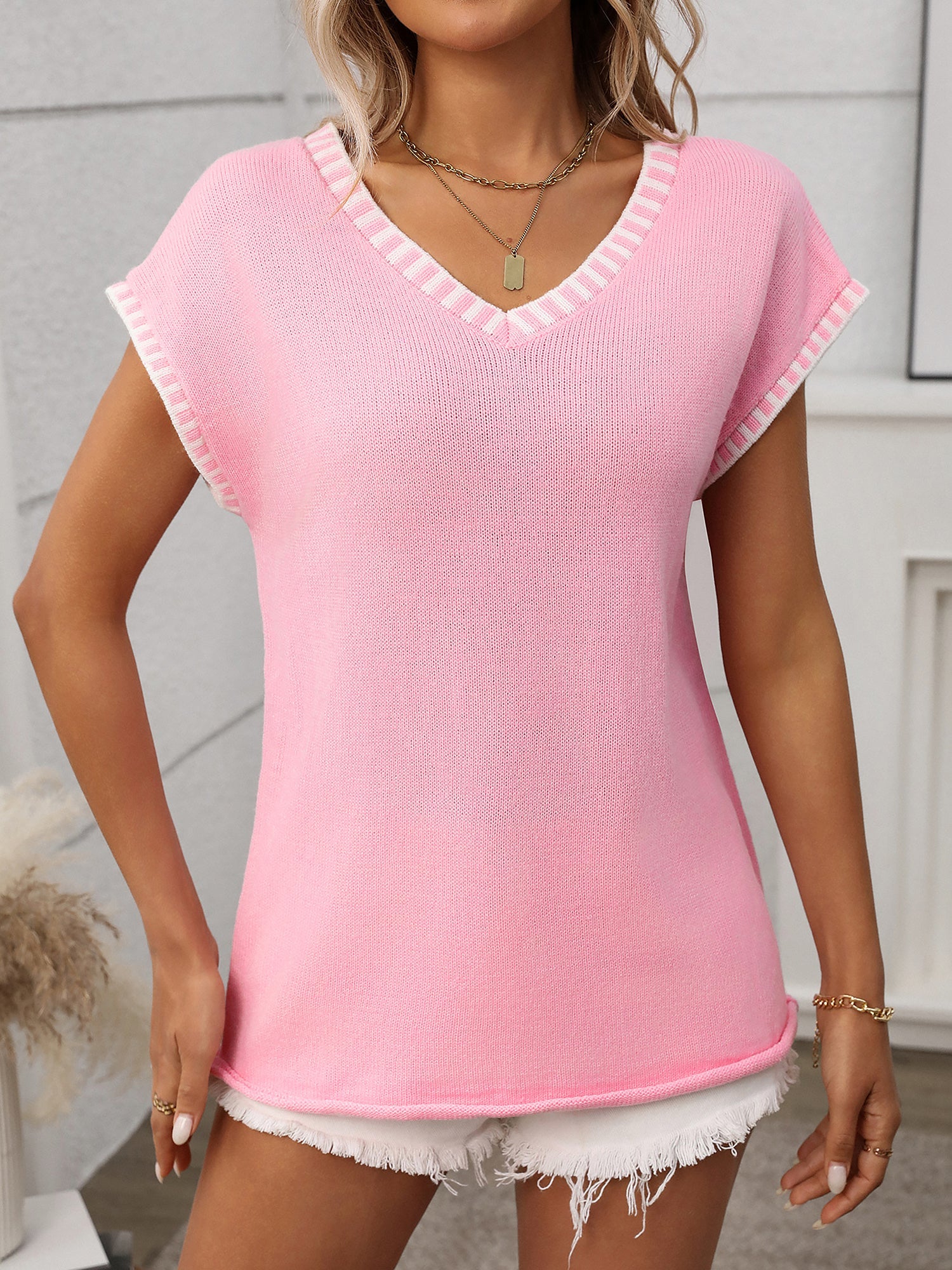 Pullover V Neck Short Sleeves Colorblock Knit Top