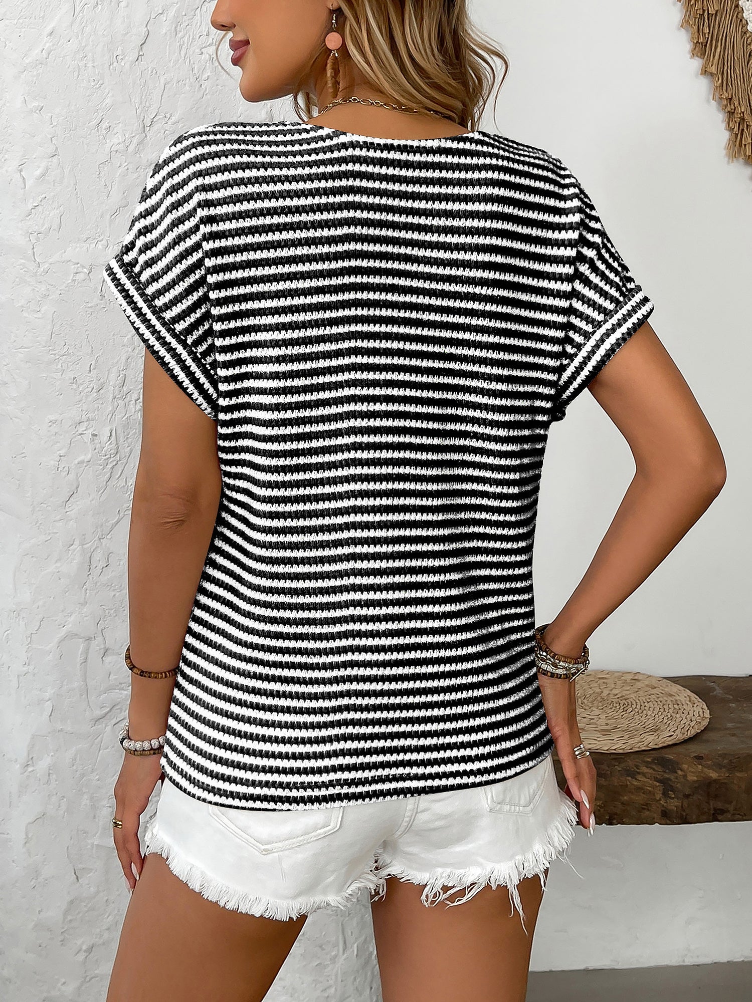 Striped V Neck Button Decor Short Sleeve Knit Top