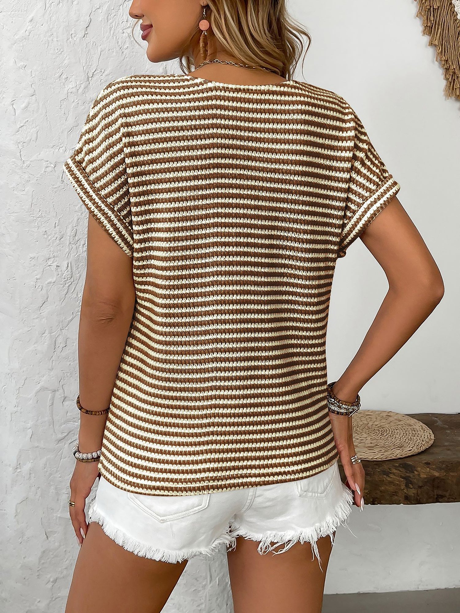 Striped V Neck Button Decor Short Sleeve Knit Top