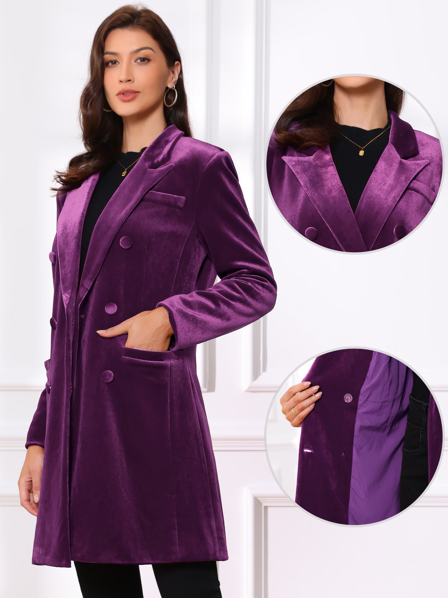 Velvet Notched Lapel Double-Breasted Long Outerwear Winter Coats