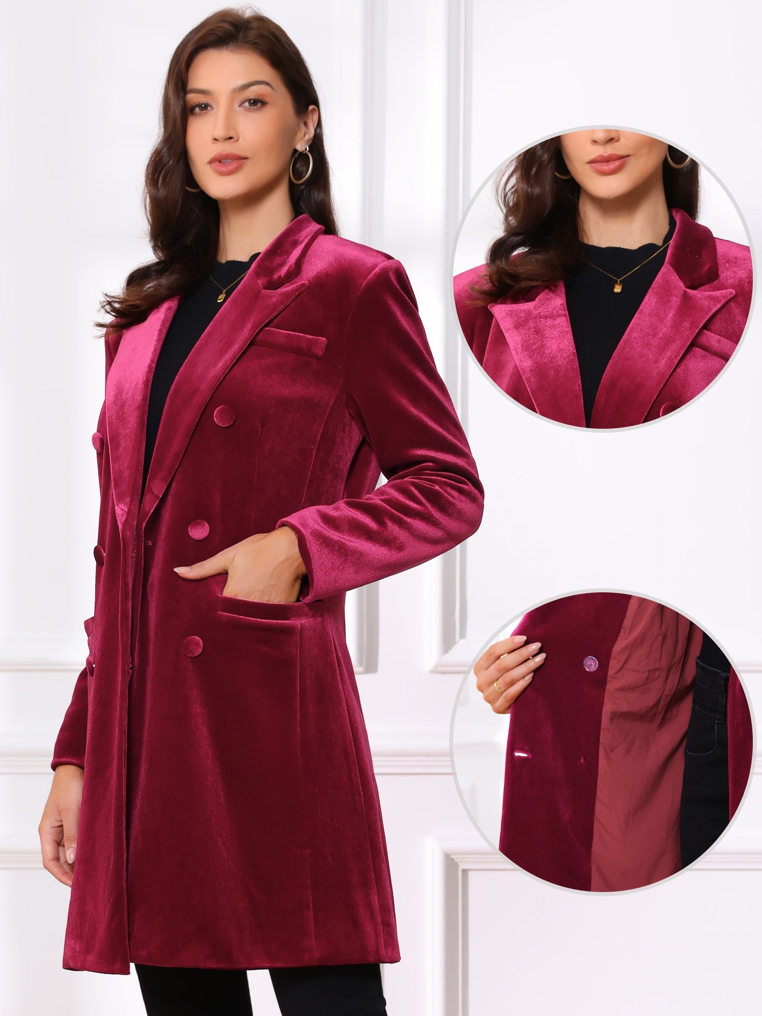 Velvet Notched Lapel Double-Breasted Long Outerwear Winter Coats