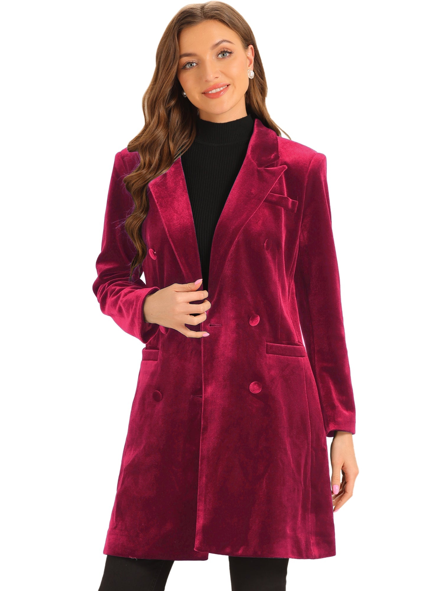 Velvet Notched Lapel Double-Breasted Long Outerwear Winter Coats