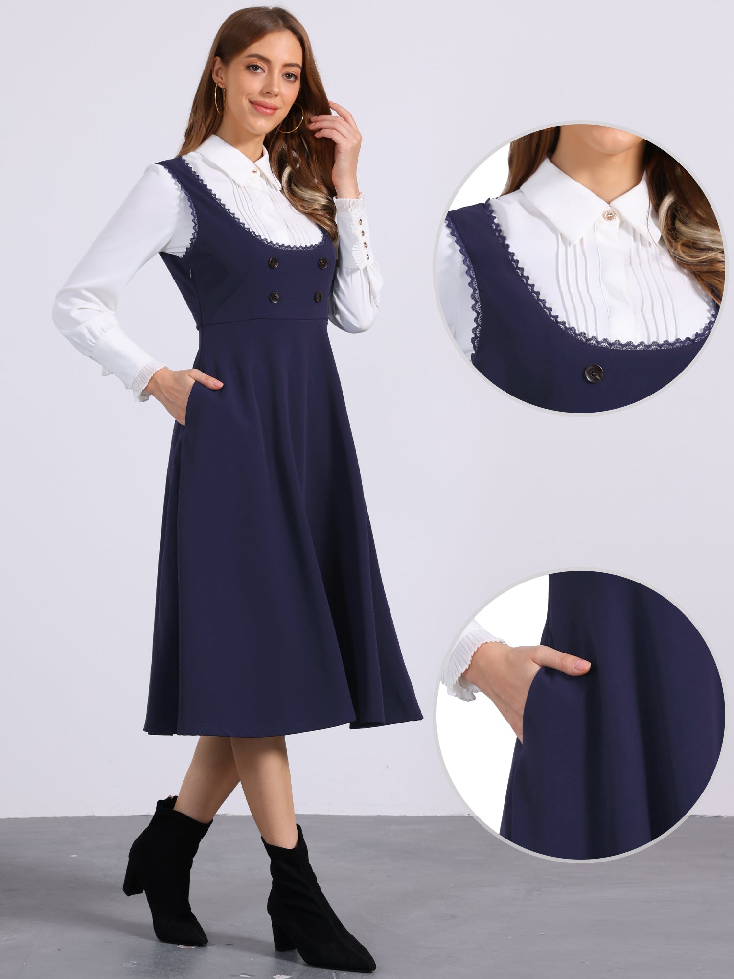 Lace Trim Button Decor Pockets Overalls Midi Pinafore Dress