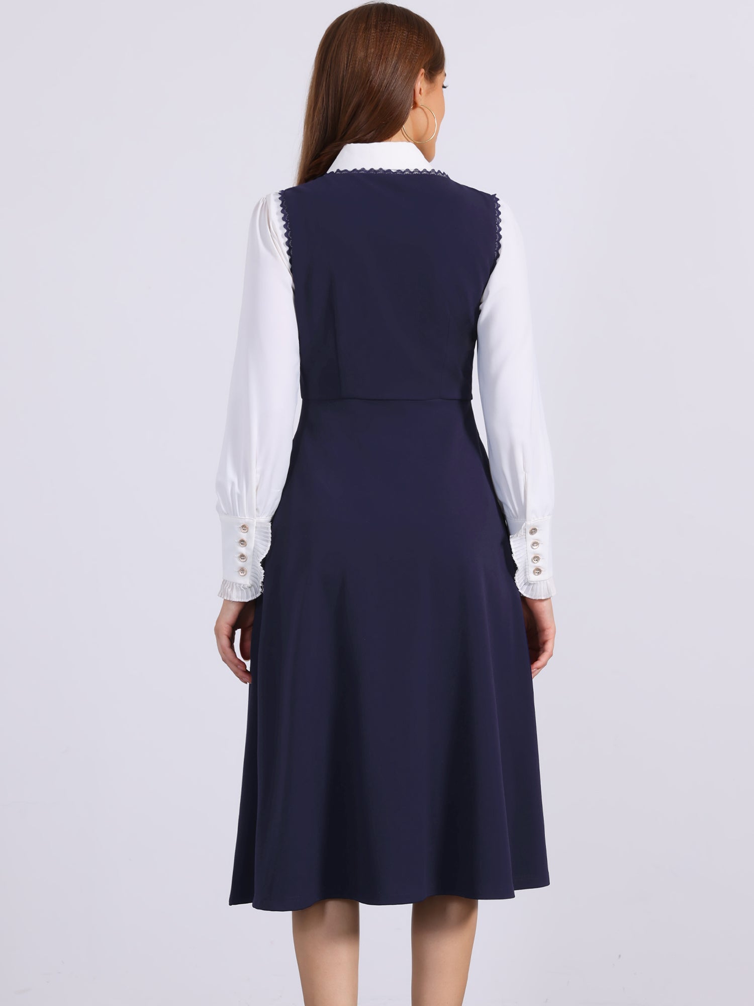 Lace Trim Button Decor Pockets Overalls Midi Pinafore Dress