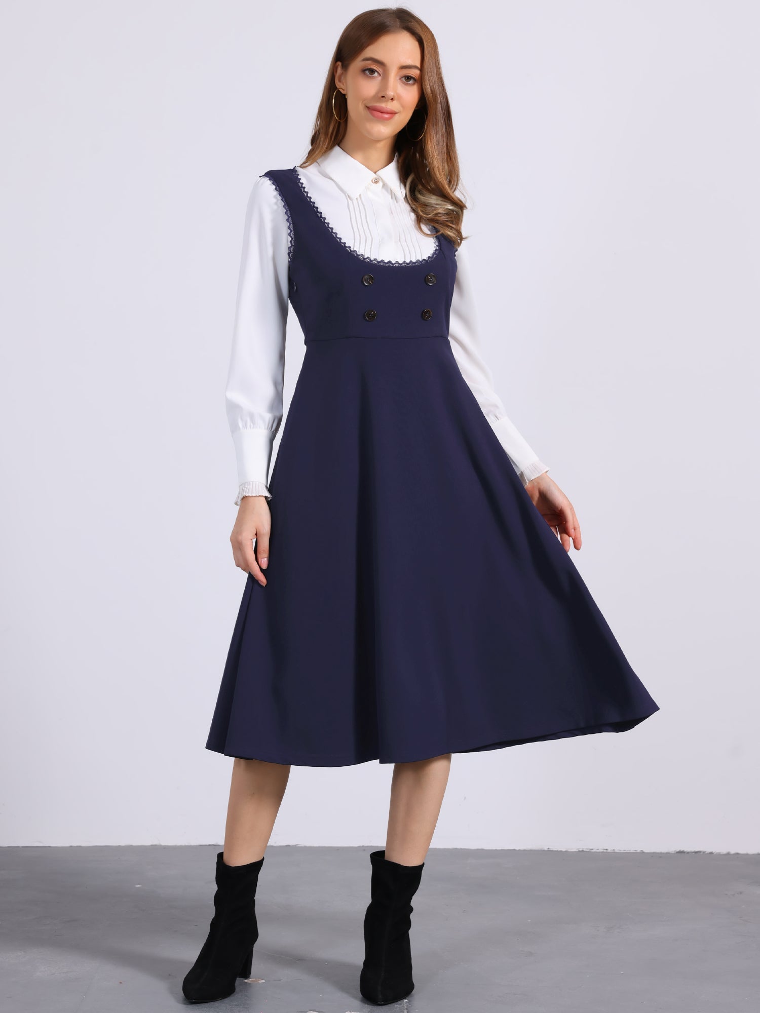 Lace Trim Button Decor Pockets Overalls Midi Pinafore Dress