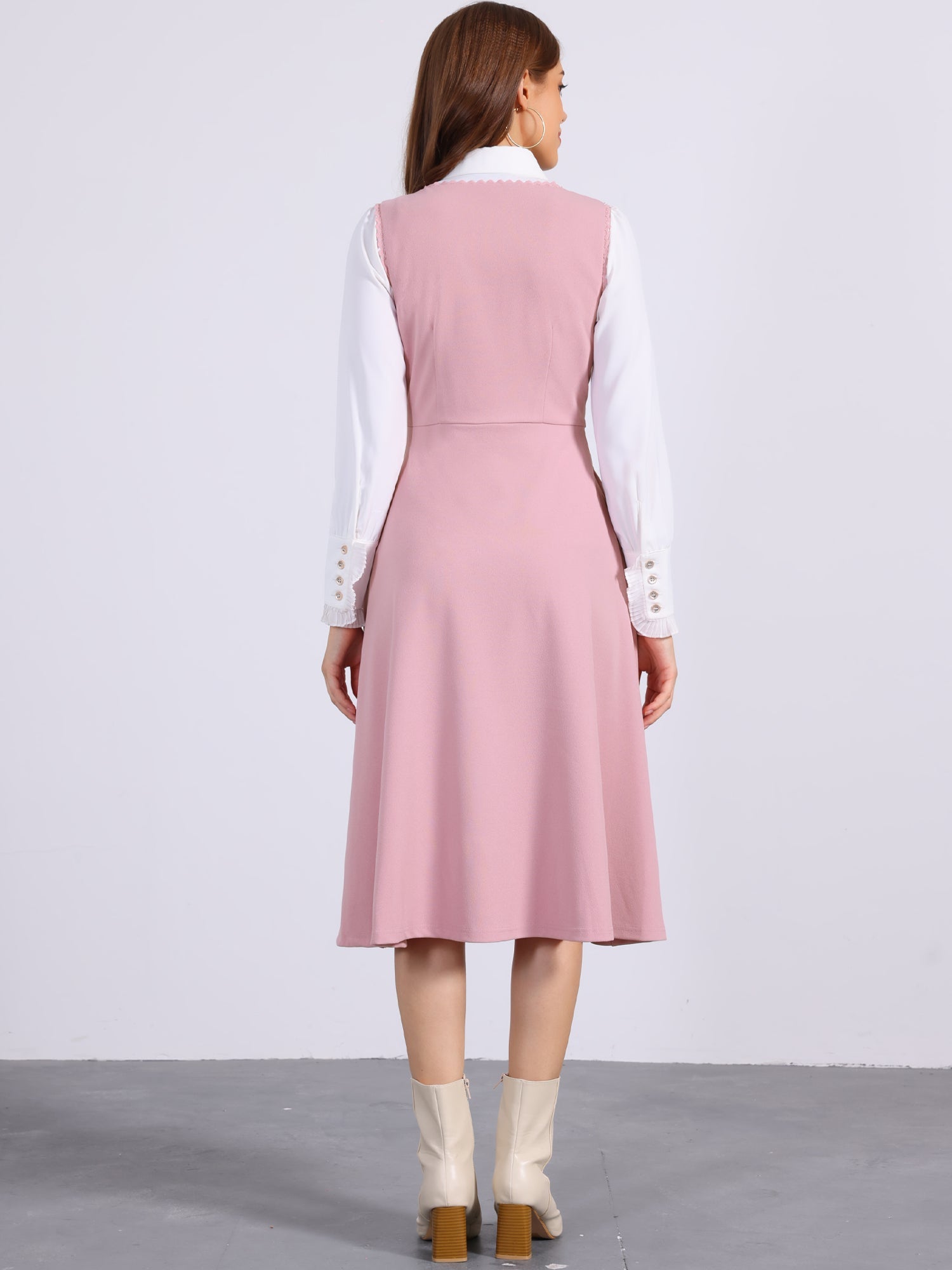 Lace Trim Button Decor Pockets Overalls Midi Pinafore Dress